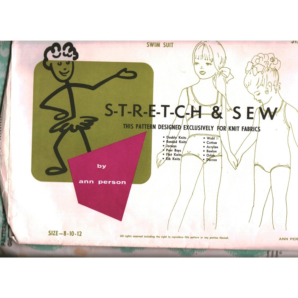 Vintage Ann Person Stretch & Sew Girls Swim Suit Pattern Sizes 8-10-12 Knit 1275